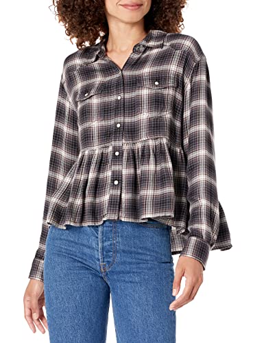 Lucky Brand Damen Langärmeliges Wickeloberteil mit Stickerei Western-Baby-Shirt, Grau, kariert, X-Groß von Lucky Brand