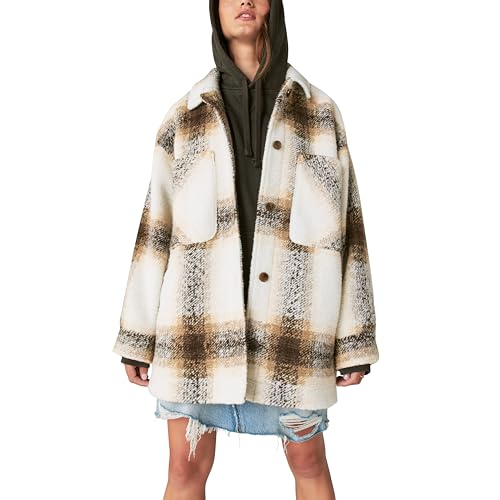 Lucky Brand Damen Oversized Shirt Jacke, Cremefarbenes Plaid, L Lucky Brand Damen Oversized Shirt Jacke, Cremefarbenes Plaid, L von Lucky Brand