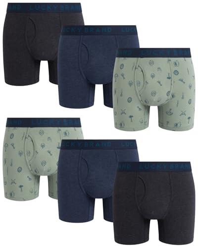 Lucky Brand Herren-Boxershorts – 6er-Pack, weiche Stretch-Herren-Unterwäsche mit funktionellem Fliegenbeutel – lässige Boxershorts für Männer (S-XL), Indigo/Hellgrün/Anthrazit, Medium von Lucky Brand