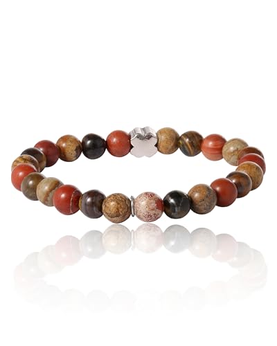 Lucky Brand Roter Jaspis Herren-Armband, Stretch-Perlenarmband für Männer mit Kleeblatt-Logo und Jaspis-Perlen Lucky Brand Roter Jaspis Herren-Armband, Stretch-Perlenarmband für Männer mit Kleeblatt-Logo und Jaspis-Perlen von Lucky Brand