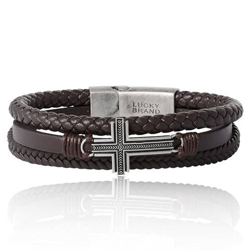 Lucky Brand Strukturiertes Kreuz, dreireihig, braunes Armband für Herren, 21,6 cm, antikes Silber, blinkend, Kreuzschmuck von Lucky Brand