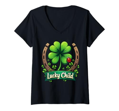Damen Glückskind Kleeblatt Glück Hufeisen Marienkäfer Kids Kinder T-Shirt mit V-Ausschnitt Damen Glückskind Kleeblatt Glück Hufeisen Marienkäfer Kids Kinder T-Shirt mit V-Ausschnitt von Lucky Child Glücklich Glück Kindermode Design