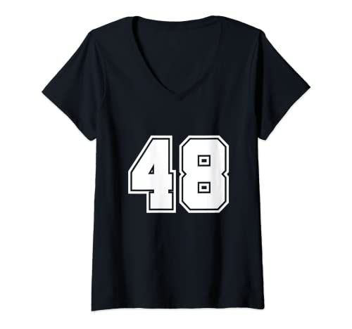 Damen Zahl 48 Geburtstag Sport Team Trikot Zahl 48 T-Shirt mit V-Ausschnitt von Lucky Numbers 0-99 Vintage Look