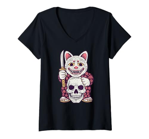Damen Oni Katze mit Schwert und Totenkopf T-Shirt mit V-Ausschnitt Damen Oni Katze mit Schwert und Totenkopf T-Shirt mit V-Ausschnitt von Lucky Oni Threads