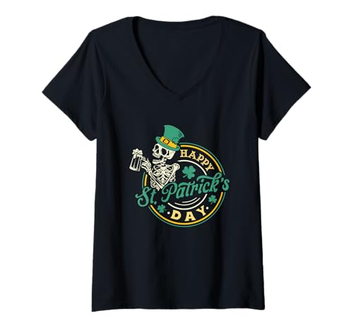 Damen Happy St Patrick's Day Skelett Spaß T-Shirt mit V-Ausschnitt von Lucky Skeleton St Patrick Festive Cheers