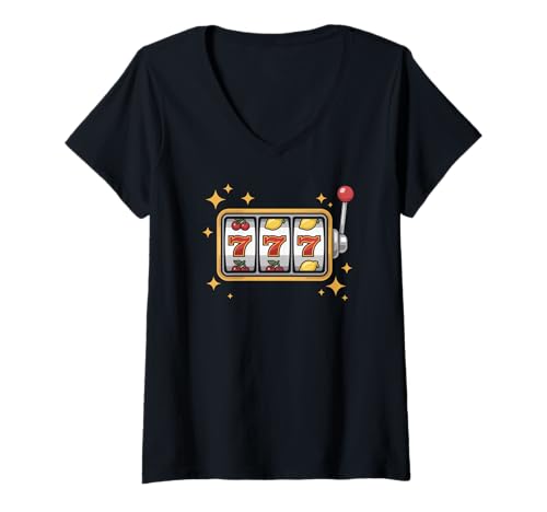 Damen Classic Spielautomat Casino Luck T-Shirt mit V-Ausschnitt von Lucky Slot Machine Jackpot Fun Gamblers