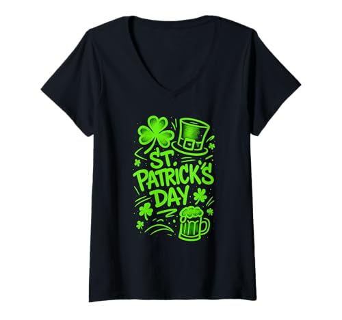 Damen St. Patrick's Day Graffiti-Design T-Shirt mit V-Ausschnitt Damen St. Patrick's Day Graffiti-Design T-Shirt mit V-Ausschnitt von Lucky Street