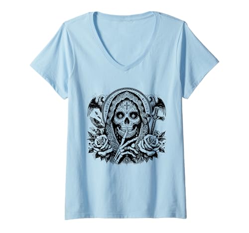Damen Santa Muerte T-Shirt mit V-Ausschnitt von Lucky