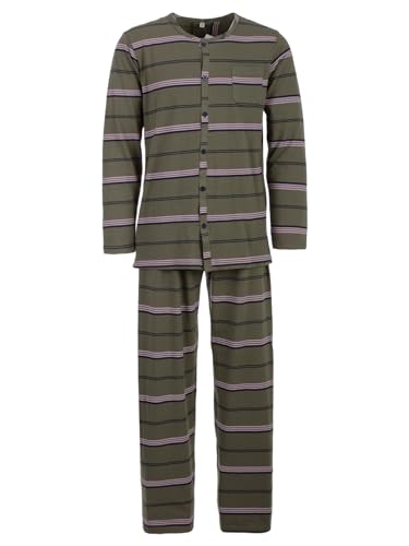 Lucky Herren Pyjama Streifen Muster Langarm Schlafanzug Baumwolle durchgeknöpft M-2XL, Farbe:Olive, Größe:M von Lucky