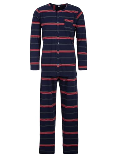 Lucky Herren Pyjama Streifen Muster Langarm Schlafanzug Baumwolle durchgeknöpft M-2XL, Farbe:Navy, Größe:XXL von Lucky