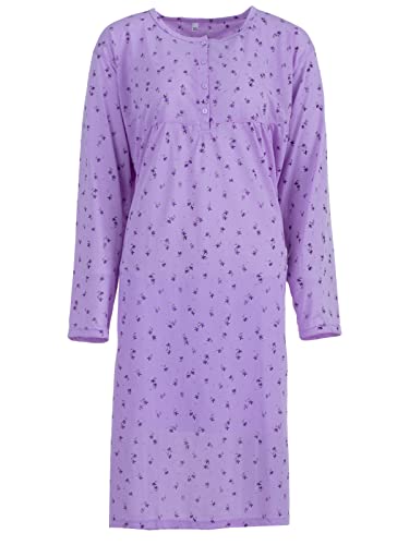 Lucky Nachthemd Damen Langarm Blüten 3XL-6XL Knöpfe Übergröße Baumwolle Schlafshirt, Farbe:Flieder, Größe:5XL von Lucky