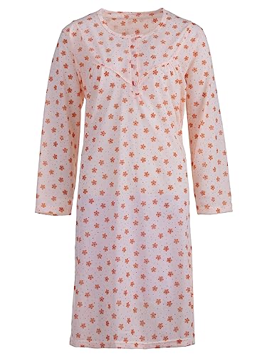 Lucky Nachthemd Damen Langarm M-2XL Blüten Knöpfe Baumwolle Leicht Schlafshirt Punkte, Farbe:apricot, Größe:L von Lucky
