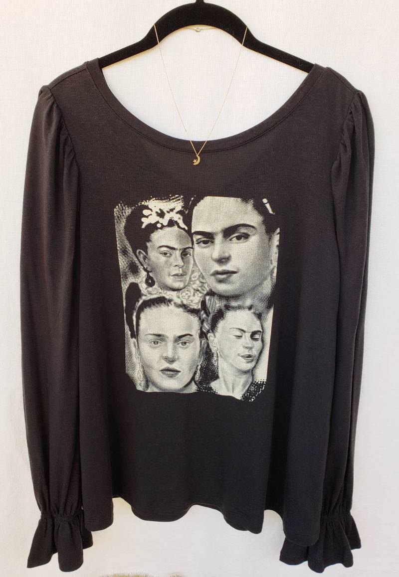 Frida Collage Siebdruck Schwarze Langarm Bluse. Geschenk Freundlich von Lucky120