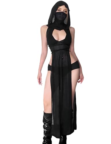 Lucky2Buy Festival Rave Outfit für Damen mit Hohem Split Schmalem Kapuzenpulli in Schwarz, Strickkleid zum Überziehen Straßenkleidung Lucky2Buy Festival Rave Outfit für Damen mit Hohem Split Schmalem Kapuzenpulli in Schwarz, Strickkleid zum Überziehen Straßenkleidung von Lucky2Buy
