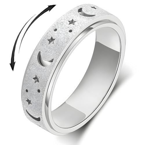 LuckyAmor Angstring für Frauen, Spinnerringe: rotierende Ringe aus Edelstahl, 6 mm, Mondstern, Angst für Männer, Band, Schmuck, Geschenk für Frauen, Größe 6, 7, 8, 9, 10, Metall, Kein Edelstein LuckyAmor Angstring für Frauen, Spinnerringe: rotierende Ringe aus Edelstahl, 6 mm, Mondstern, Angst für Männer, Band, Schmuck, Geschenk für Frauen, Größe 6, 7, 8, 9, 10, Metall, Kein Edelstein von LuckyAmor