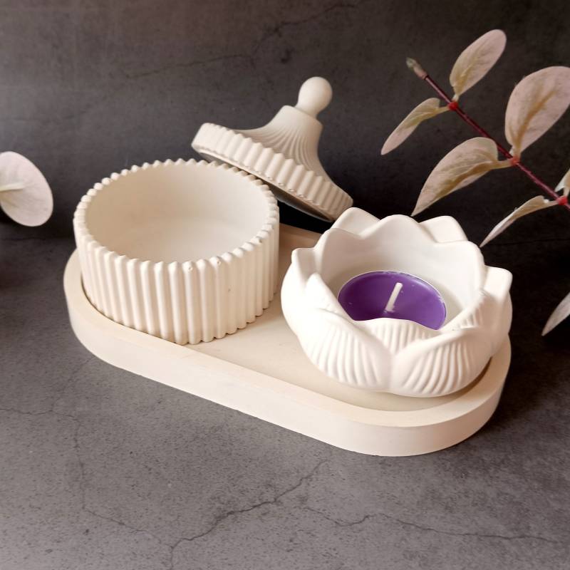 Dekoratives Tablett Set Blumen Teelichthalter Schmuck Trinket Glas Handgemachtes Beton Geschenk von LuckyElenaShop