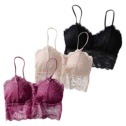 1/3er Pack Camisole Spitze Bra Damen, Sexy Lace Blumen BHS Bustier, Gepolstert Push Up Unterwäsche Mehrpack, Strapsen Crop Top, Spaghetti Rückenfrei Reizwäsche, Teen Girls Lingerie Ohne Buegel von LuckyLucy