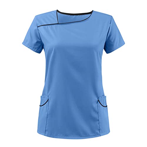 2022 Neu Damen Pflege Kasack Kurzarm Schlupfkasack V-Ausschnitt T-Shirt Tops Schlupfhemd Berufsbekleidung Nurse Kosmetikerin Arbeitsuniform Hospital Pflegeheim Berufskleidung von LuckyLucy