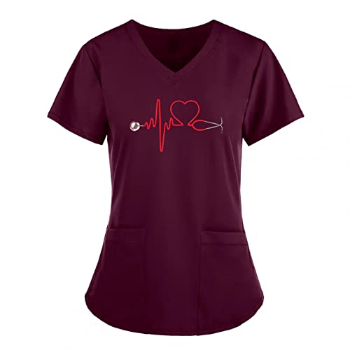 LuckyLucy Damen Pflege Schlupfhemd Uniform Schlupfkasack Kasack mit 2 Taschen V-Ausschnitt T Shirts Tops Kurzarm Krankenpfleger Berufsbekleidung mit Motiv, A-rot, M von LuckyLucy