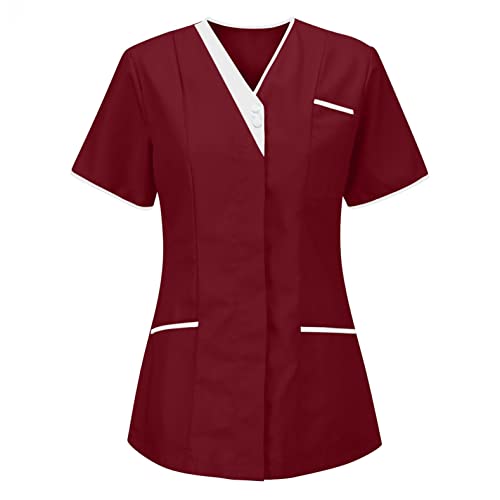 LuckyLucy Damen Pflege Schlupfkasack Kasack, Krankenpfleger Berufsbekleidung mit Taschen Kurzarm V-Ausschnitt T Shirts Tops Schönheitssalon Pflegeheim Kosmetikerin Nurse Uniformen, B-rot, XL von LuckyLucy