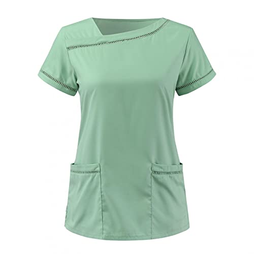 LuckyLucy 2022 Neu Damen Pflege Kasack Kurzarm Schlupfkasack V-Ausschnitt T-Shirt Tops Schlupfhemd Berufsbekleidung Nurse Kosmetikerin Arbeitsuniform Hospital Pflegeheim Berufskleidung, B-grün, L von LuckyLucy