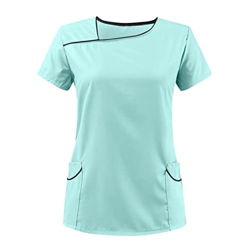 LuckyLucy 2022 Neu Damen Pflege Kasack Kurzarm Schlupfkasack V-Ausschnitt T-Shirt Tops Schlupfhemd Berufsbekleidung Nurse Kosmetikerin Arbeitsuniform Hospital Pflegeheim Berufskleidung, B-minzgrün, S von LuckyLucy