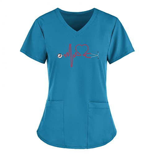 LuckyLucy Damen Pflege Schlupfhemd Uniform Schlupfkasack Kasack mit 2 Taschen V-Ausschnitt T Shirts Tops Kurzarm Krankenpfleger Berufsbekleidung mit Motiv, A-blau, XXL von LuckyLucy