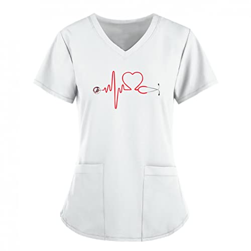 LuckyLucy Damen Pflege Schlupfhemd Uniform Schlupfkasack Kasack mit 2 Taschen V-Ausschnitt T Shirts Tops Kurzarm Krankenpfleger Berufsbekleidung mit Motiv, A-weiß, XXL LuckyLucy Damen Pflege Schlupfhemd Uniform Schlupfkasack Kasack mit 2 Taschen V-Ausschnitt T Shirts Tops Kurzarm Krankenpfleger Berufsbekleidung mit Motiv, A-weiß, XXL von LuckyLucy