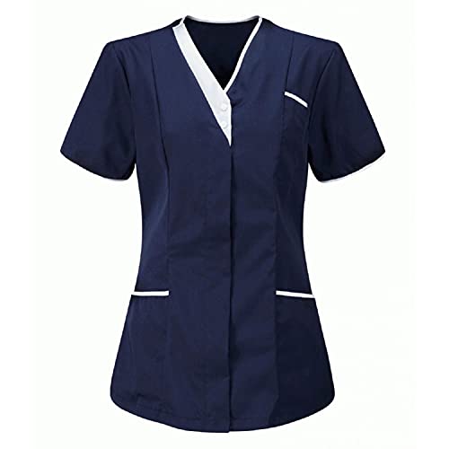 LuckyLucy Damen Pflege Schlupfkasack Kasack, Krankenpfleger Berufsbekleidung mit Taschen Kurzarm V-Ausschnitt T Shirts Tops Schönheitssalon Pflegeheim Kosmetikerin Nurse Uniformen, B-marine, L von LuckyLucy