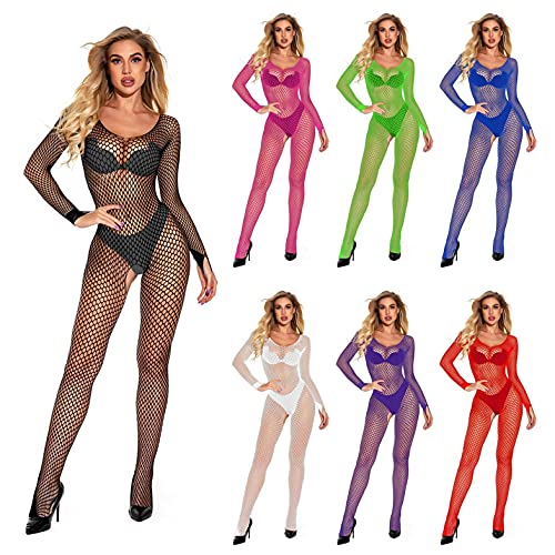 LuckyLucy Damen Sexy Bodystocking Ouvert Fischernetz Netz Catsuit Body Netzbody Erotisch Unterwäsche Sexy Netzstrümpfe Offenem Schritt Reizwäsche Langarm Erotik Dessous, B-schwarz, Einheitsgröße von LuckyLucy