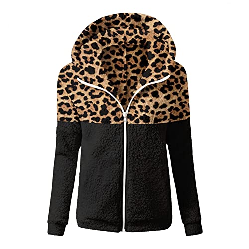 LuckyLucy Damen Teddy Fleecejacke Pullover Leopard Patchwork Kapuzenjacke Pulli Zipper Up Hoodie Sweatshirt Mantel Langarm Casual Cardigan Sherpa Warm Herbst Winter Strickjacke mit Reißverschluss von LuckyLucy