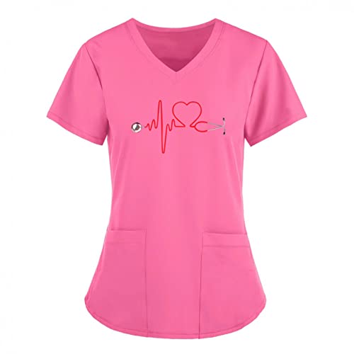 LuckyLucy Kasack Damen Pflege Bunt mit Motiv Weihnachten T-Shirt Schlupfkasack mit Taschen Kurzarm V-Ausschnitt Schlupfhemd Berufskleidung Krankenpfleger Uniformen Nurse, A-rosa, S von LuckyLucy