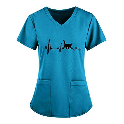 LuckyLucy Schlupfkasack Damen Pflege Kasack mit Taschen Krankenpfleger Berufsbekleidung mit Motiv Schlupfhemd Uniformen V-Ausschnitt Kurzarm T Shirts Kosmetikerin Nurse Schlupfkasack Uniformen von LuckyLucy