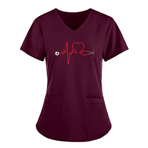 LuckyLucy Schlupfkasack für Damen Pflege 2021 Weihnachten Erntedankfest Drucken Krankenpflege Kasack Berufskleidung Kurzarm V-Ausschnitt Bluse Top Krankenschwester Schlupfhemd Uniform, B0-rot, 3XL von LuckyLucy