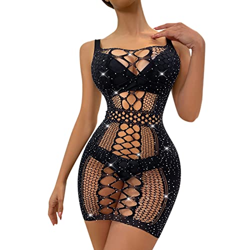 LuckyLucy Sexy Netz Bodysuit für Damen Ouvert Bodystockings Minikleid Erotisch Catsuit Armellos Hohle Unterwäschen Versuchung Reizwäsche Valentinstag Erotik Dessous Set, C-schwarz, Einheitsgröße von LuckyLucy