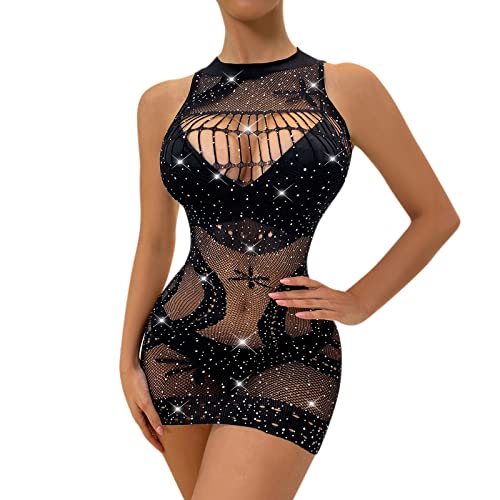 LuckyLucy Sexy Netz Bodysuit für Damen Ouvert Bodystockings Minikleid Erotisch Catsuit Armellos Hohle Unterwäschen Versuchung Reizwäsche Frauen Valentinstag Erotik Dessous Set, schwarz, Einheitsgröße von LuckyLucy