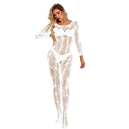 LuckyLucy Sexy Bodystocking für Damen Elastisch Babydoll Netz Catsuit Langarm Transparent Negligees Spitze Schritt Reizwäsche Ouvert Netzstrümpfe Unterwäsche Versuchung Dessous, weiß, Einheitsgröße von LuckyLucy