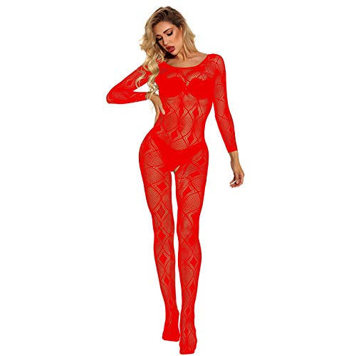 LuckyLucy Sexy Bodystocking für Damen Elastisch Babydoll Netz Catsuit Langarm Transparent Negligees Frauen Spitze Offenem Schritt Erotisch Unterwäsche Versuchung Dessous, I-rot, Einheitsgröße von LuckyLucy