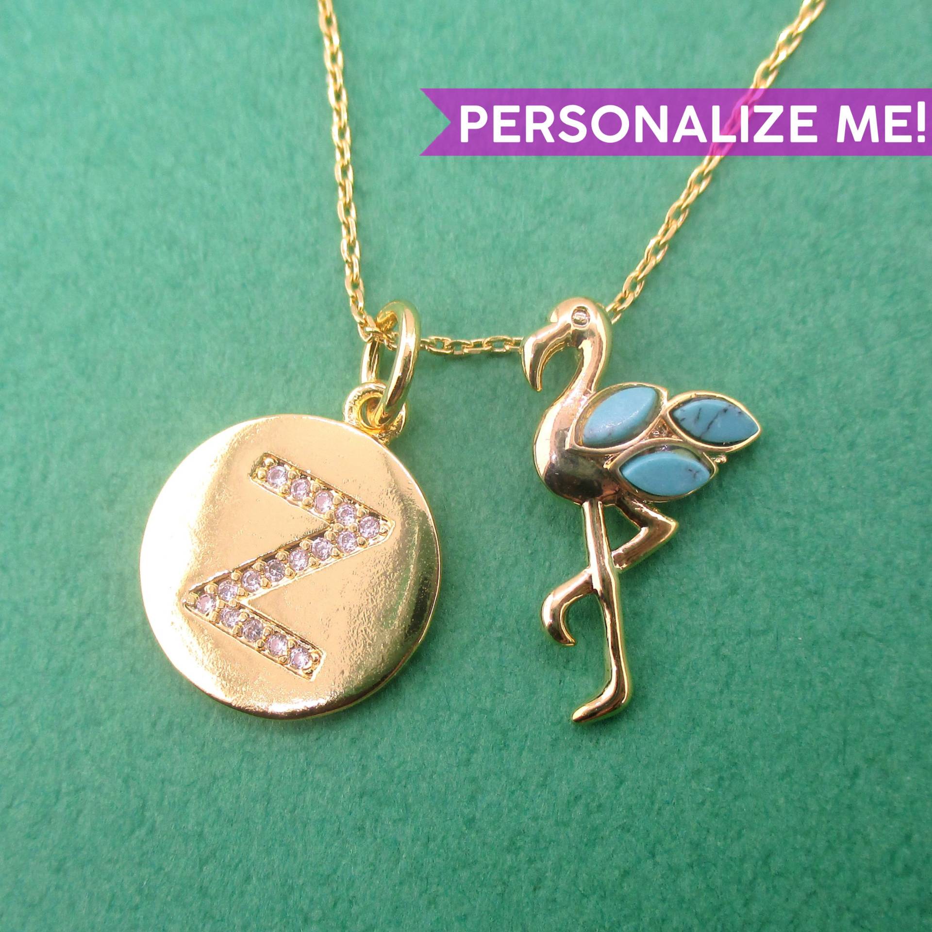 3D-Flamingo Mit Bein Angehobene Vogelförmige Anhänger-Halskette in Gold Türkis-Federn | Minimal Handgemachter Tier Schmuck Personalisierbar von LuckyMiiJewelry