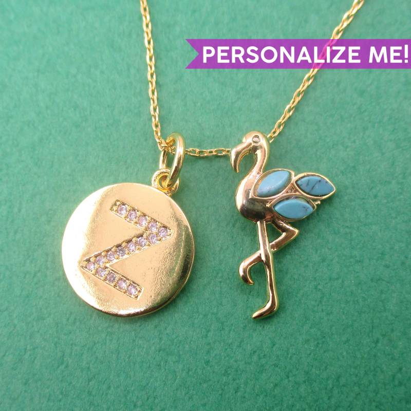3D-Flamingo Mit Bein Angehobene Vogelförmige Anhänger-Halskette in Gold Türkis-Federn | Minimal Handgemachter Tier Schmuck Personalisierbar von LuckyMiiJewelry