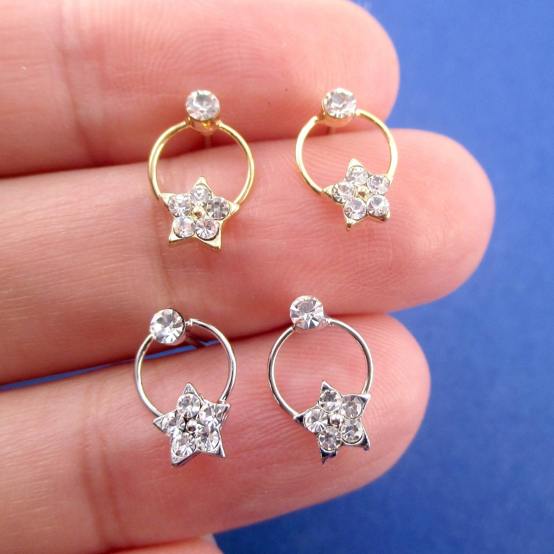 Runde Hoop-Tropfen-Bolzenohrringe Mit Sternen Und Strass-Detail in Silber Oder Gold | Minimal Space Themed Handgefertigter Schmuck von LuckyMiiJewelry