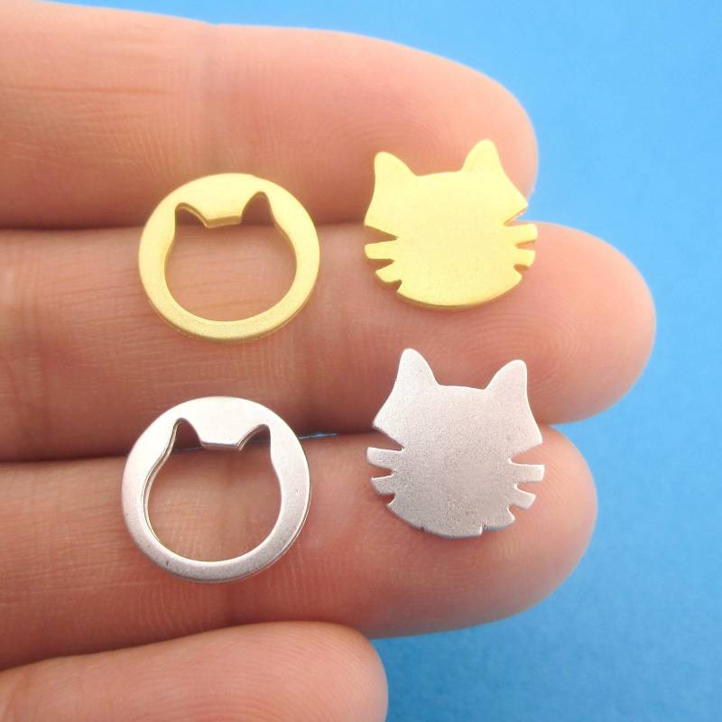 Runde Kitty Katzengesicht Geformte Haustier Themen Mix & Match Ohrstecker in Silber Oder Gold | Handmade Tier Inspiriert Schmuck Für Katzenliebhaber von LuckyMiiJewelry