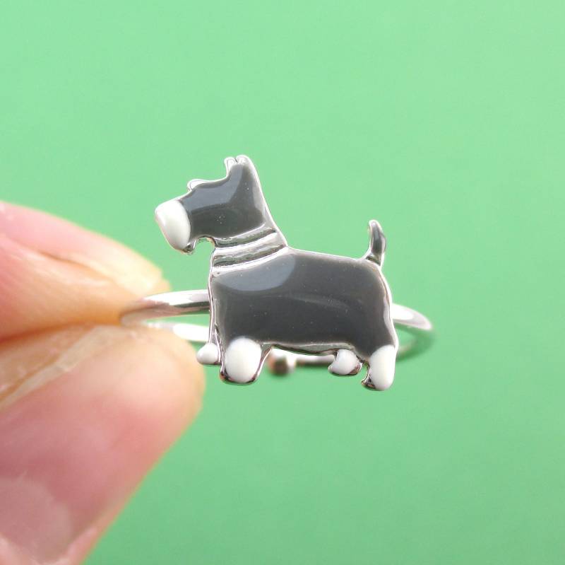 Zwergschnauzer-Welpe Hund Geformte Tier-Silhouette-Einstellbar Ring in Silber Mit Emaille Detail | Handgemachte Tier Schmuck von LuckyMiiJewelry