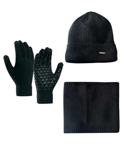 LuckyQianyi Wintermütze Schal Handschuhe Set,Touchscreen Handschuhe Set für Herren Damen, Geeignet für Erwachsene, kältebeständig im Winter, weich und hautfreundlich,Unisex(schwarz) von LuckyQianyi