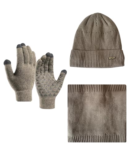 LuckyQianyi Wintermütze Herren Winter Mütze Schal Handschuhe Set,Touchscreen Handschuhe Set für Herren Damen, kalter verschneiter Winter, Reisen, Sport,unisex (helles Khaki) von LuckyQianyi