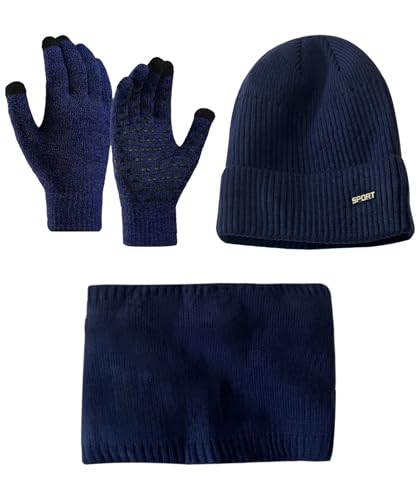 LuckyQianyi Wintermütze Schal Handschuhe,Touchscreen Handschuhe Set für Herren Damen, Wintermütze Strickmütze, schal Winterhandschuhe Strickhandschuhe mit Fleece Gefütterte,Unisex(marineblau) von LuckyQianyi