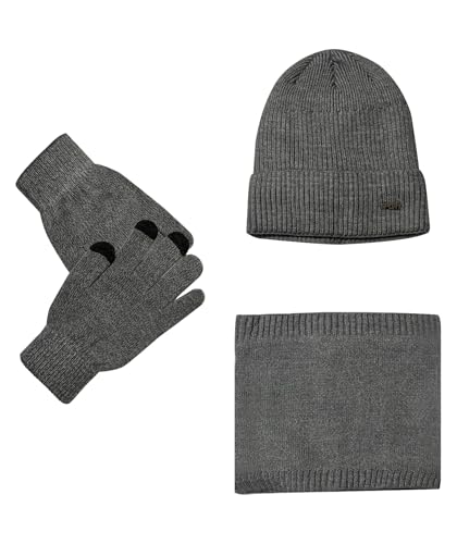 LuckyQianyi Wintermütze Schal Handschuhe,Touchscreen Handschuhe Set für Herren Damen, Wintermütze Strickmütze, schal Winterhandschuhe Strickhandschuhe mit Fleece Gefütterte Unisex(Hellgrau) von LuckyQianyi