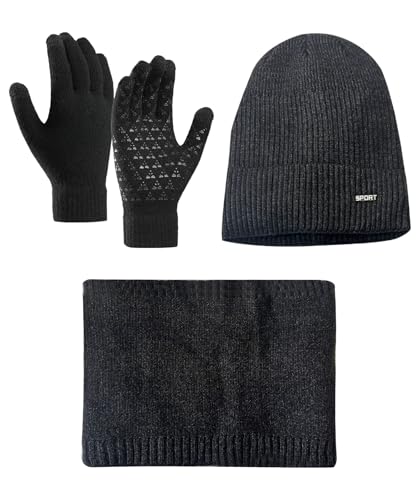 LuckyQianyi Wintermütze Herren Winter Mütze Schal Handschuhe Set，Touchscreen Handschuhe Set für Herren Damen, Winter, Schnee, Reisen, Sport, geeignet für Erwachsene, unisex(dunkelgrau) von LuckyQianyi