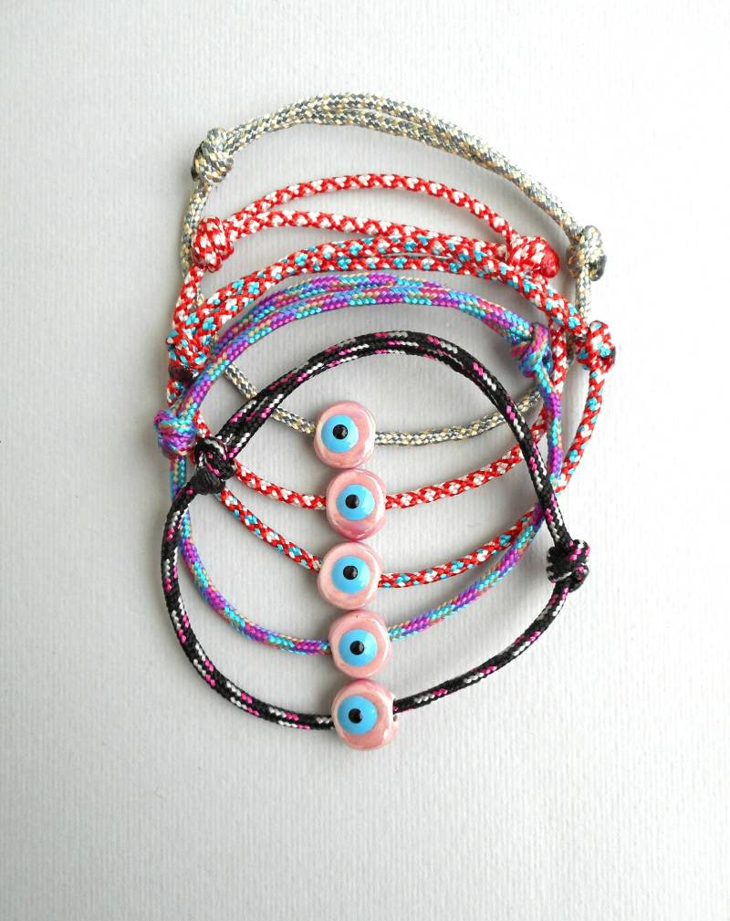Pink Evil Eye Armband Paracord Seil, Keramikperle von LuckyRatJewellery