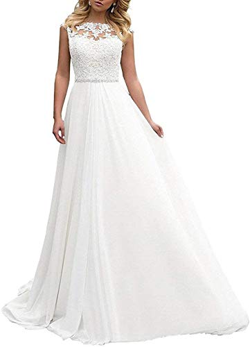 LuckyShe Damen Chiffon Lang Hochzeitskleider Standesamt Brautkleid Brautmode mit Spitze A Linie Rückenfrei von LuckyShe